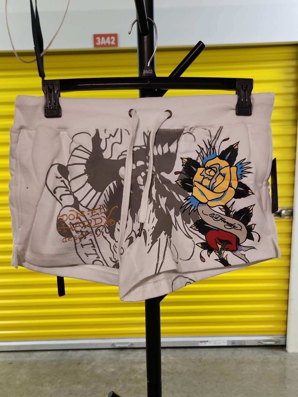 Ed Hardy Cream Drawstring Athletic Shorts with Tattoo Rose Graphic